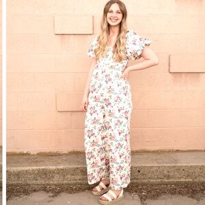 & merci Floral Jumpsuit. Floral Puff Sleeve Smocked Back. Pink Women's Sz-L